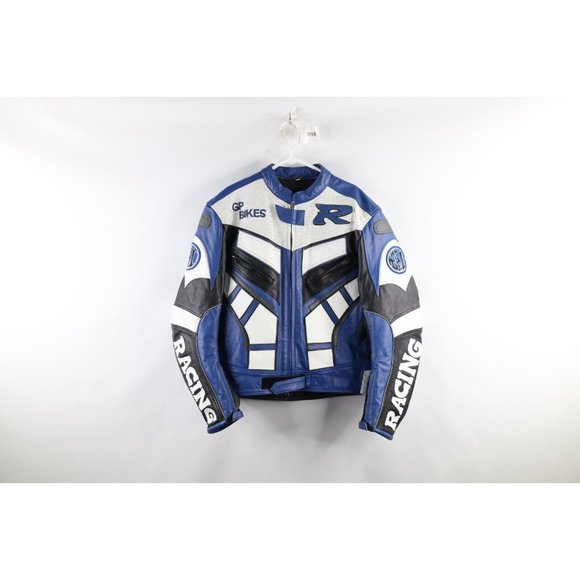 Vintage GP Bikes Racing Mens XL Padded Leather Motorcycle Moto Bike Jacket Blue